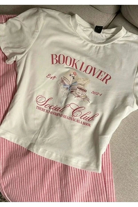 Kadın Book Lover Baskılı Beyaz Crop