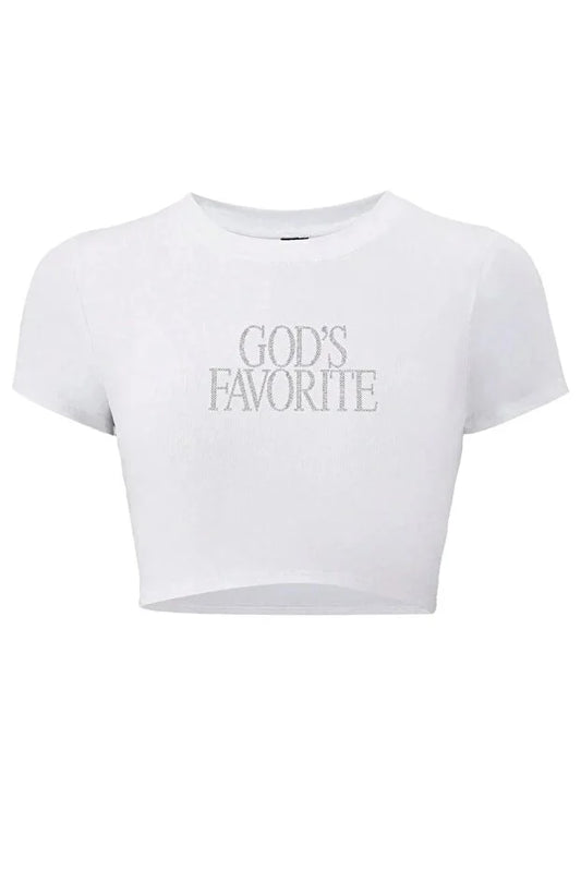 Kadın God’s Favorite Yazılı Parıltılı Taş Baskılı Beyaz Crop