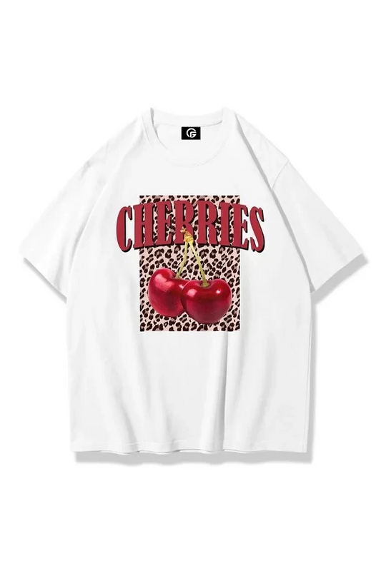 Kadın Cherries Leopar Tshirt Beyaz