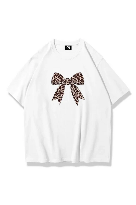 Kadın Leopar Kurdele Tshirt Beyaz