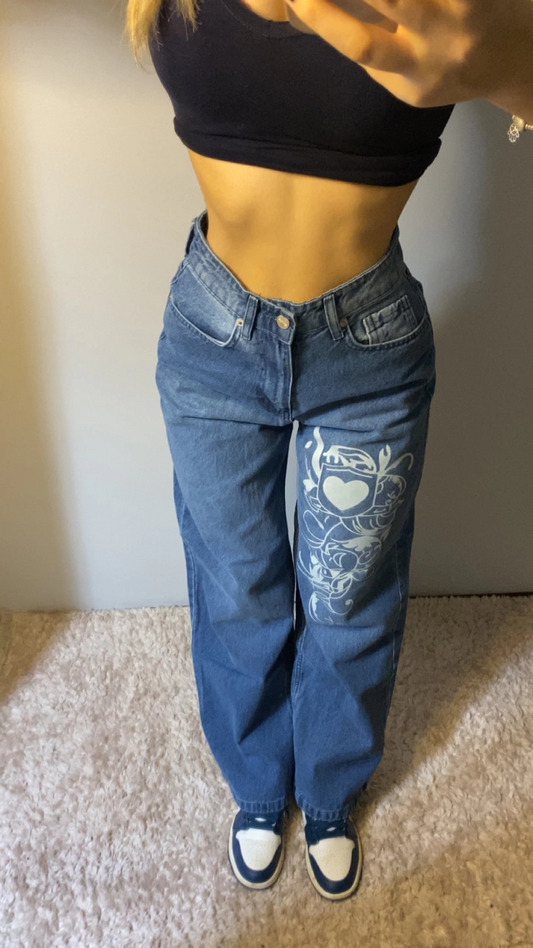 Kalp Modelli Mavi Bol Paça Pantolon