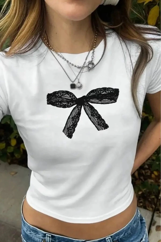 Kemer Boy Lace Bow Graphic Baskı Detaylı Crop