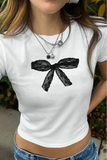 Kemer Boy Lace Bow Graphic Baskı Detaylı Crop