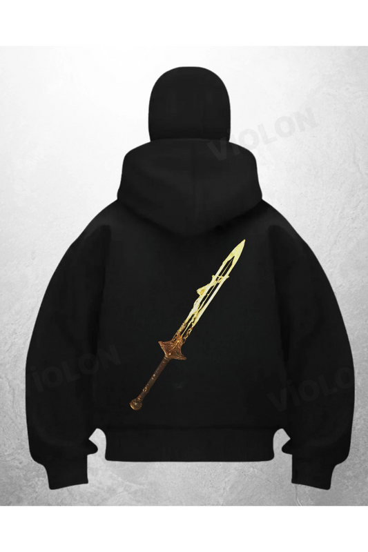 Kılıç Baskılı Siyah Samuray Kar Maske Sweatshirt Hırka
