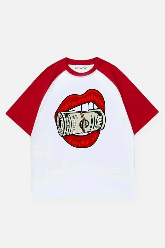 Kırmızı Beyaz Reglan Kollu Lips Dollar T-Shirt