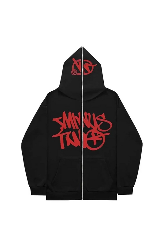 Kırmızı Minus Two Yazı Baskılı 3 iplik Kalın Fermuarlı Oversize Unisex Full Zip Siyah Hırka