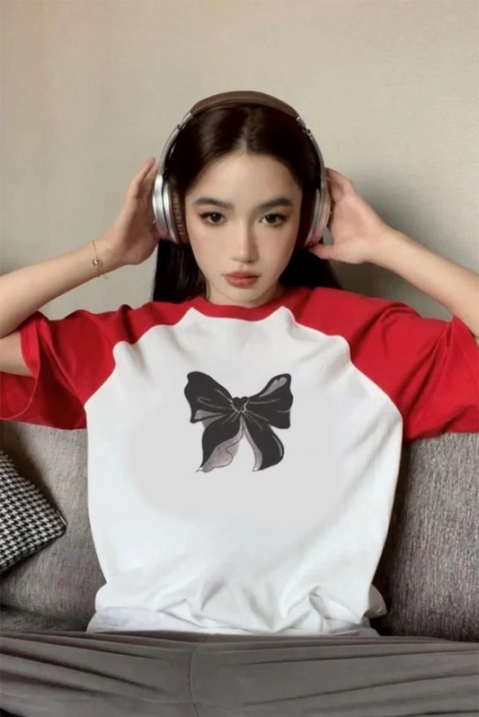 Kırmızı Reglan Kol Kurdele Baskı Kısa Kollu Tİşört