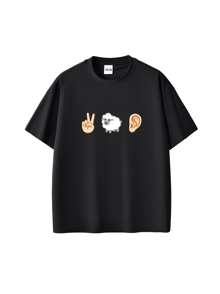 İki Kuzu Kulağı Emoji Baskılı Siyah Unisex Oversize Tişört