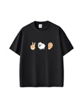 İki Kuzu Kulağı Emoji Baskılı Siyah Unisex Oversize Tişört