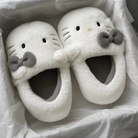 Koyu Gri Hello Kitty Yumuşak Tüylü Peluş Panduff Terlik