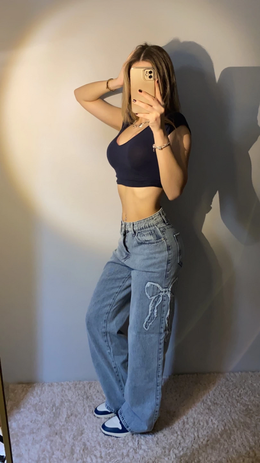 Kurdele Patch Detay Buz Mavisi Kot Pantolon