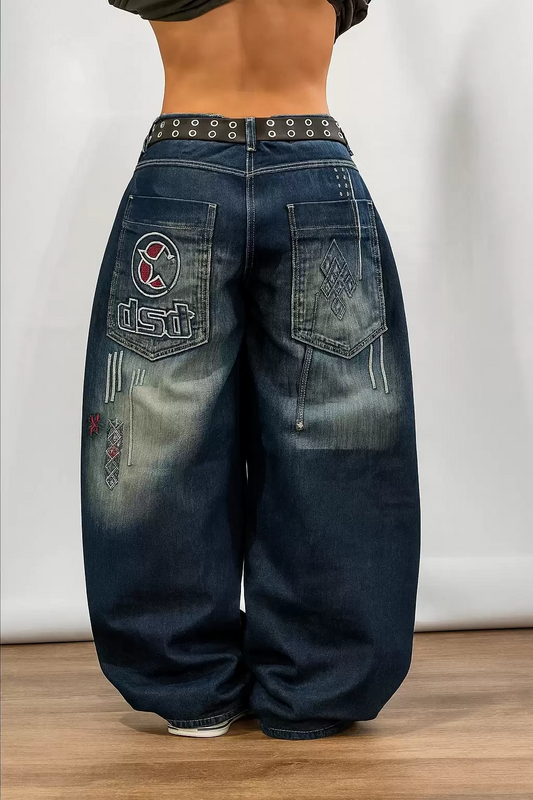 Lacivert D2T Vintage Yıkamalı Baggy Y2K Pantolon