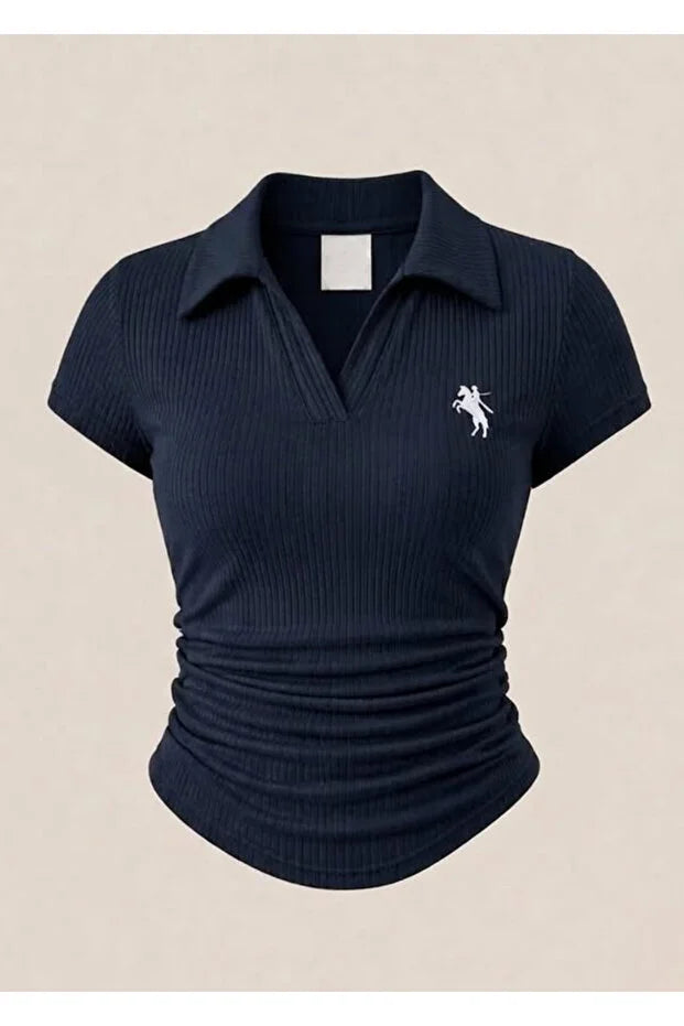 Lacivert Vintage Nakış Detaylı Drapeli Polo Yaka Likralı Bluz