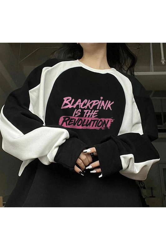 LAGOM MODA Blackpink Is The Revolution Baskılı Line Detail Unisex Oversize Bisiklet Yaka Siyah