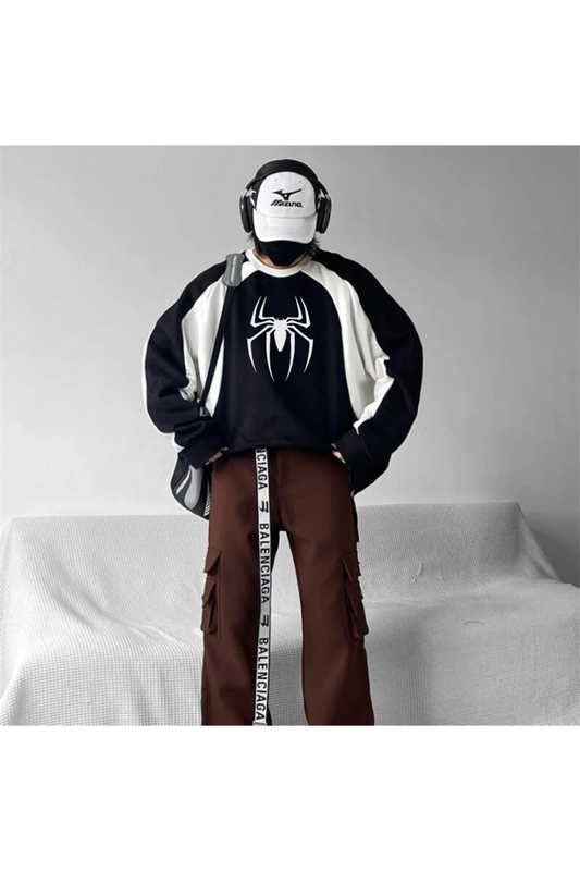 Y2K Streetwear Spider Baskılı Siyah Unisex Oversize Bisiklet Yaka Sweatshirt