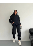 Limited Edition Premium Siyah 2'li Takım Unisex Oversize Kışlık Sweatshirt-Eşofman Altı Takım