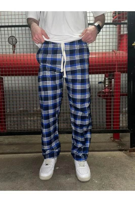 Mavi Beyaz Kare Ekose Desenli Unisex Oversize Eşfoman Altı Pijama