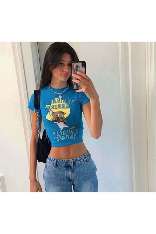 Mavi Speedy Gonzales Baskılı Kadın Crop Body