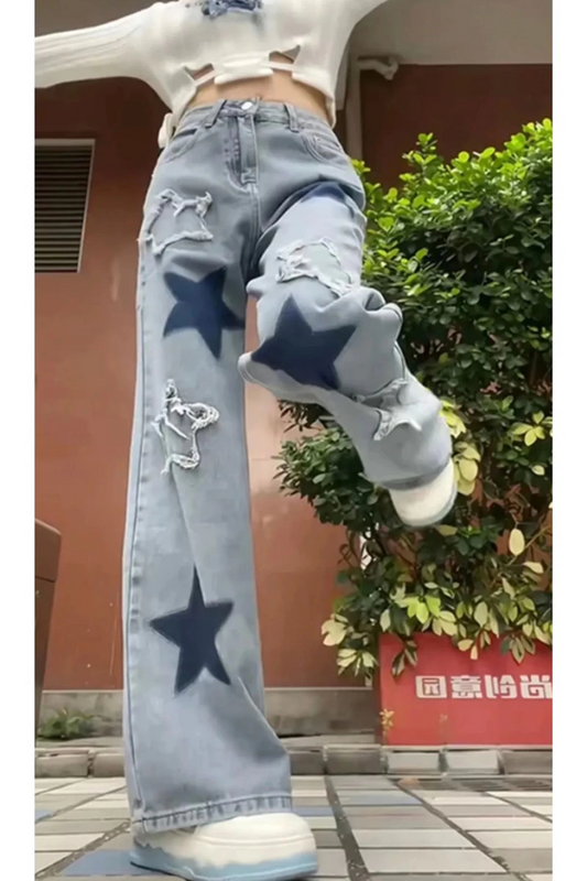 Mavi Yıldızlı Retro Tarzı Pantolon Recycled Pocket Star Jean