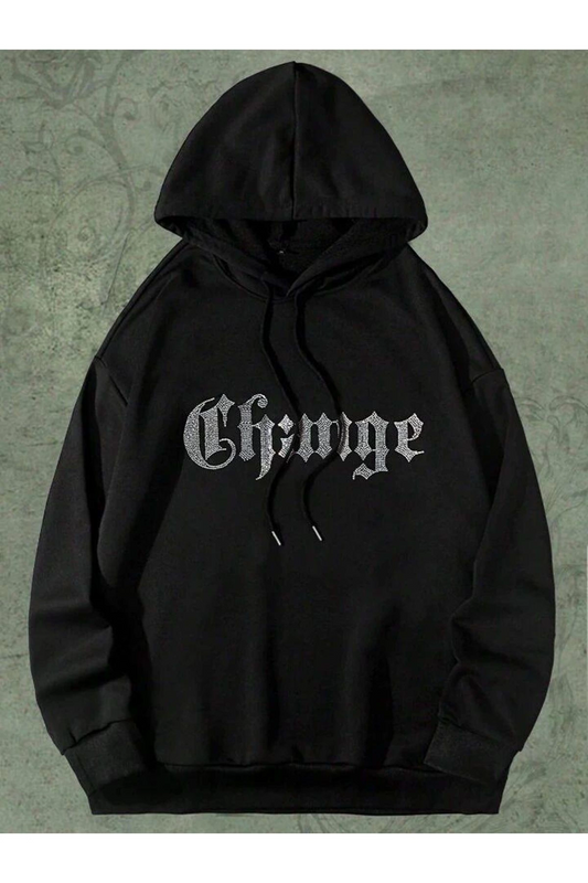 Men Letter Graphic Drawstring Taş Baskılı Oversize Unisex Sweatshirt