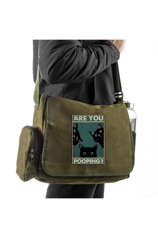 Meow Baskılı Unisex Yeşil Postacı Çantası