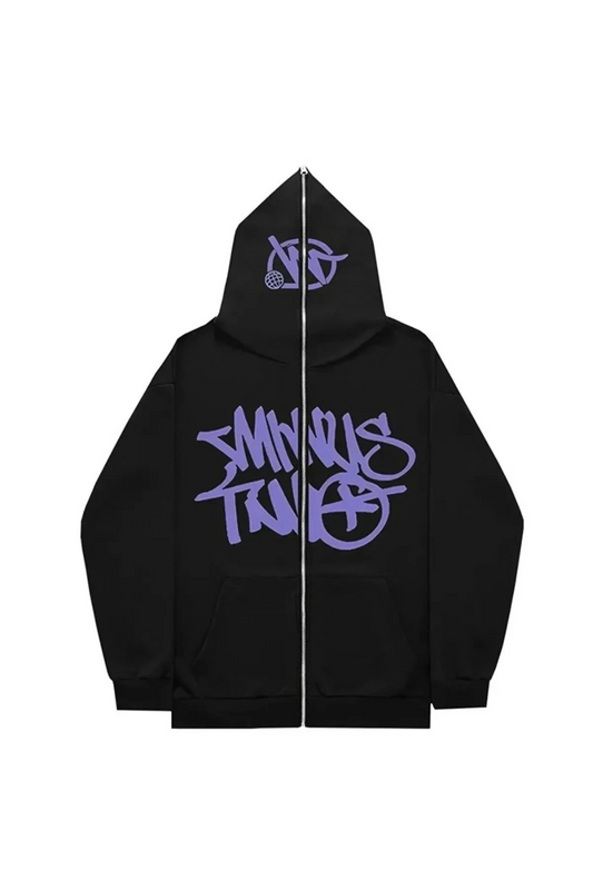 Mor Minus Two Yazı Baskılı 3 iplik Kalın Fermuarlı Oversize Unisex Full Zip Siyah Hırka