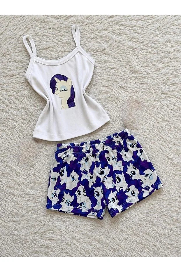 Little Pony Desenli Şık Mor Alt Üst Askılı Crop & Şort Takım
