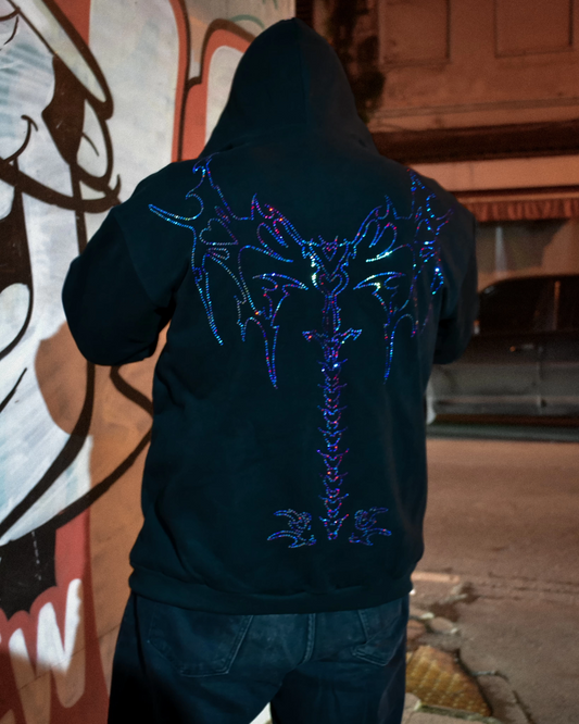 Omurga Taş Baskılı Siyah Renk Oversize Maskeli Hırka