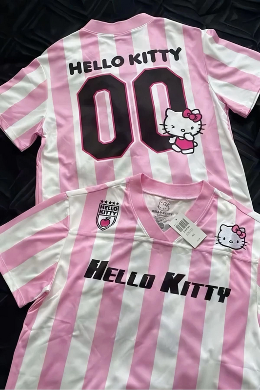 Pembe Beyaz V Yaka Çubuklu Jersey Hello Kitty T-Shirt