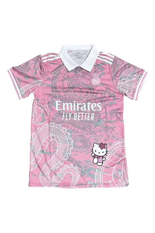 Pembe Kitty FORMA Madrid Dragon Jersey Beyaz Düğmeli Yaka T-shirt