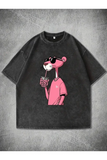 Pembe Panter Baskı Detaylı Oversize Unisex Kısa Kol Tshirt