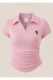 Pembe Vintage Nakış Detaylı Drapeli Polo Yaka Likralı Bluz