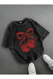 Ribbon Cherry Baskı Detaylı Oversize Unisex Kısa Kol TShirt