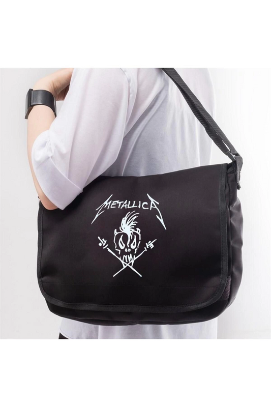 Rock Serisi - Metallica Skull Baskılı Unisex Siyah Postacı Çantası