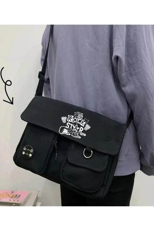 Rock Star Karakter Harajuku Unisex Cepli Unisex Siyah Postacı Çantası