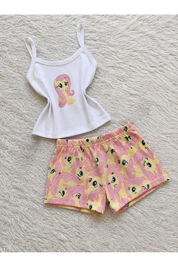 Little Pony Desenli Şık Sarı Alt Üst Askılı Crop & Şort Takım
