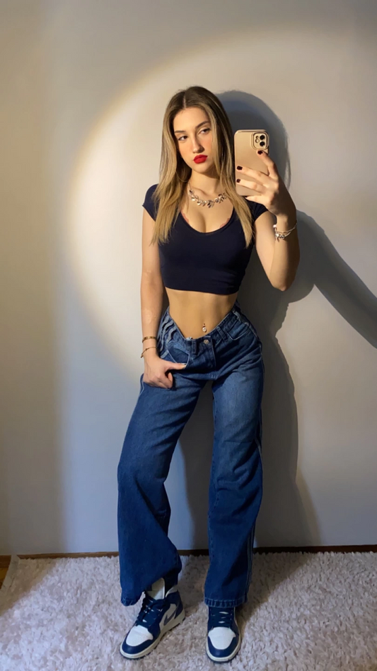 Şerit Detaylı Koyu Mavi Bol Paça Kot Pantolon