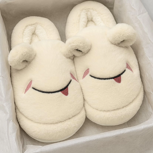 Sevimli Yüz Yumuşak Tüylü Bej Peluş Panduf Terlik