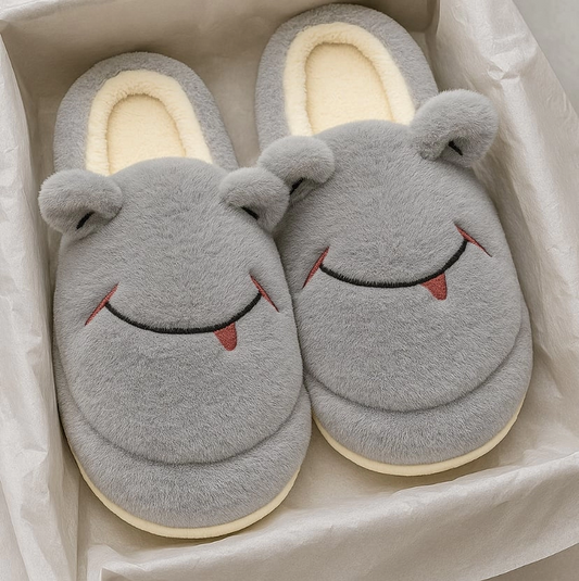 Sevimli Yüz Yumuşak Tüylü Gri Peluş Panduf Terlik