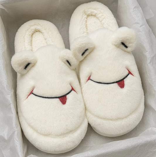 Sevimli Yüz Yumuşak Tüylü Krem Peluş Panduf Terlik