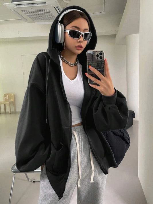 Siyah 3 İplik Unisex Oversize Kapüşonlu Fermuarlı Hırka