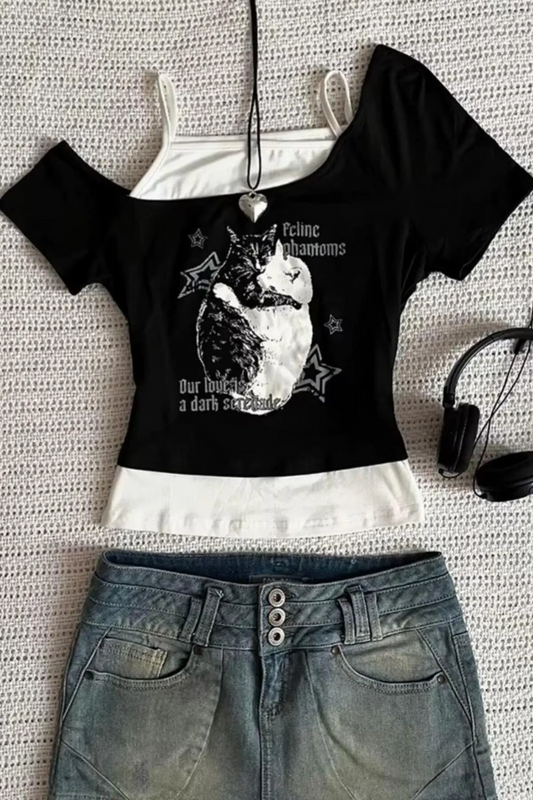 Siyah Balance Cat Our Love Is Ek Askılı Kısa Kollu Full Body Crop