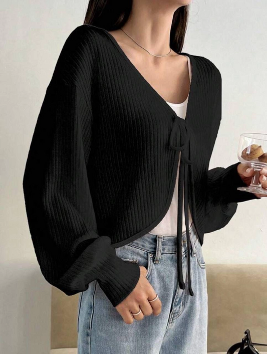 Siyah Balon Kollu Bağcıklı İp Bağlama Y2K Hırka