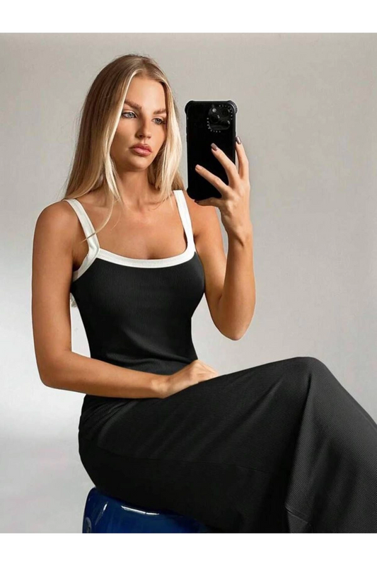 Siyah Beyaz Askılı Kamisol Elbise