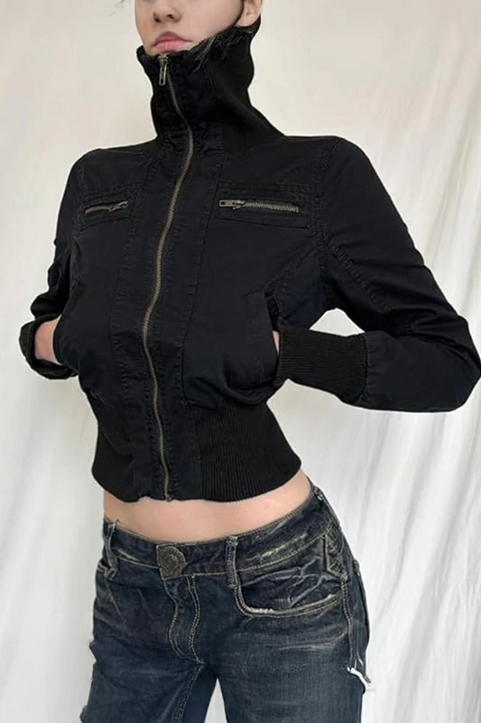 Siyah Boğazlı Street Y2K Crop Hırka