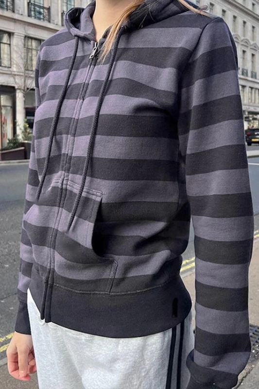 Siyah Füme Çizgili Kapüşonlu Y2K Crop Hırka