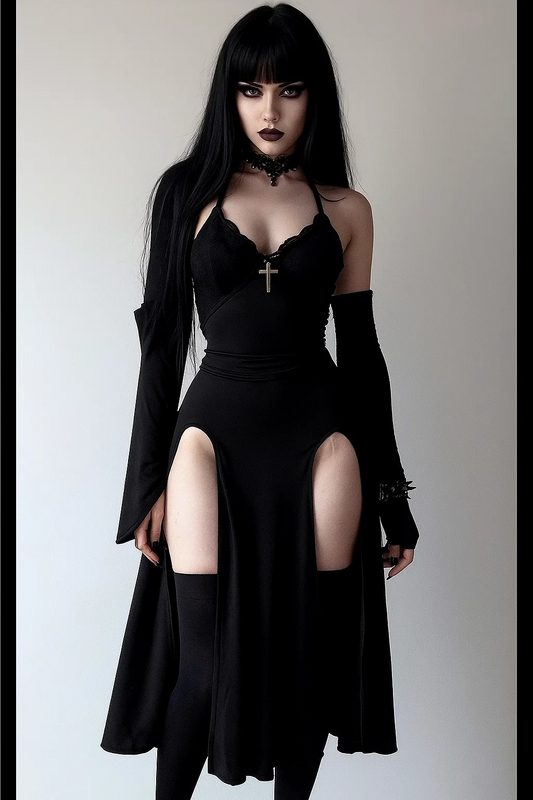 Siyah Gothic Çift Yırtmaçlı Askılı Ek Kollu Elbise
