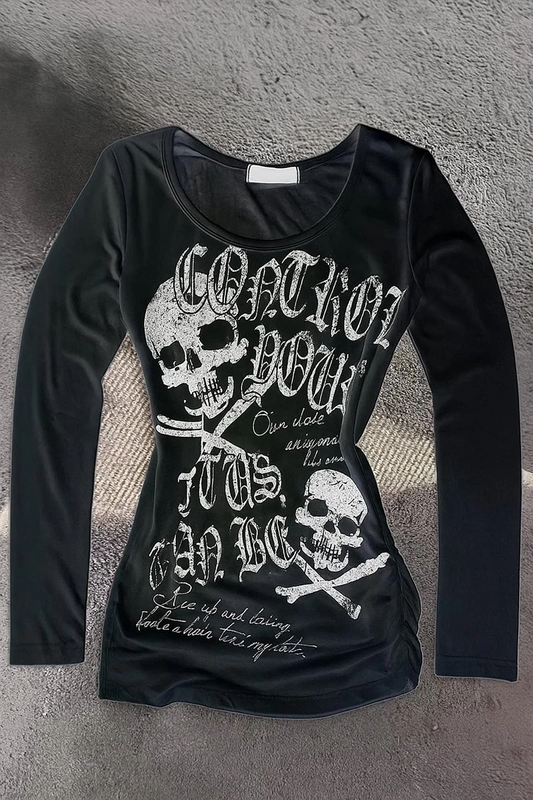 Siyah Gothic Skulls Control Geniş Yaka Y2K Uzun Kollu Crop