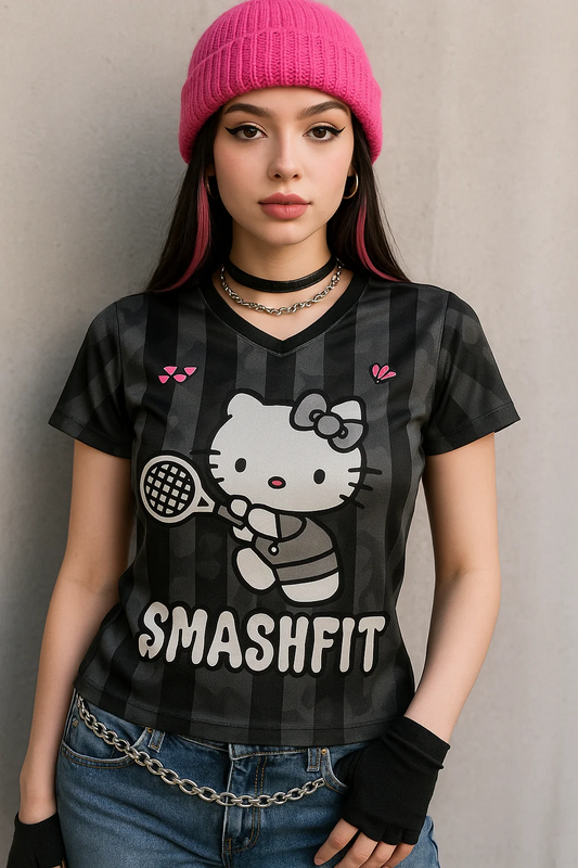 Siyah Gri Çizgili Hello Kitty Detail Unisex Jersey Forma