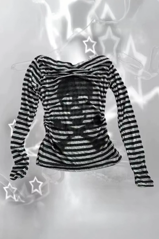 Siyah Gri Çizgili Skull Y2K Uzun Kollu Crop